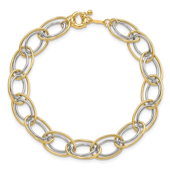 14k Two-tone 11mm Fancy Oval Link 7.5 inch Bracelet