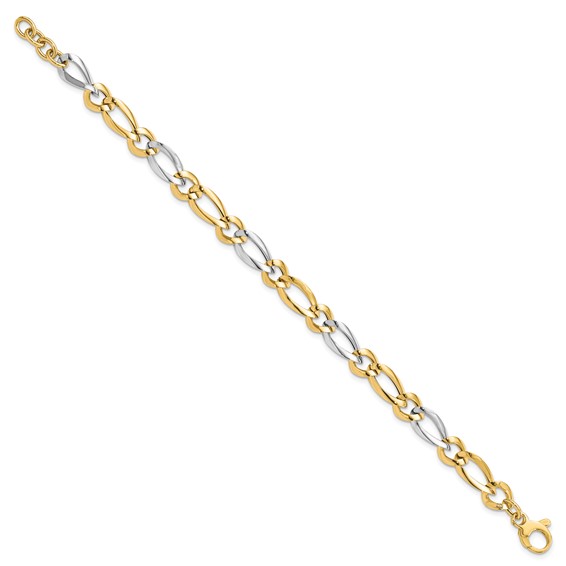 14k Two-Tone Polished 7.3mm Fancy Oval and Round Link 7.25 inch Bracelet