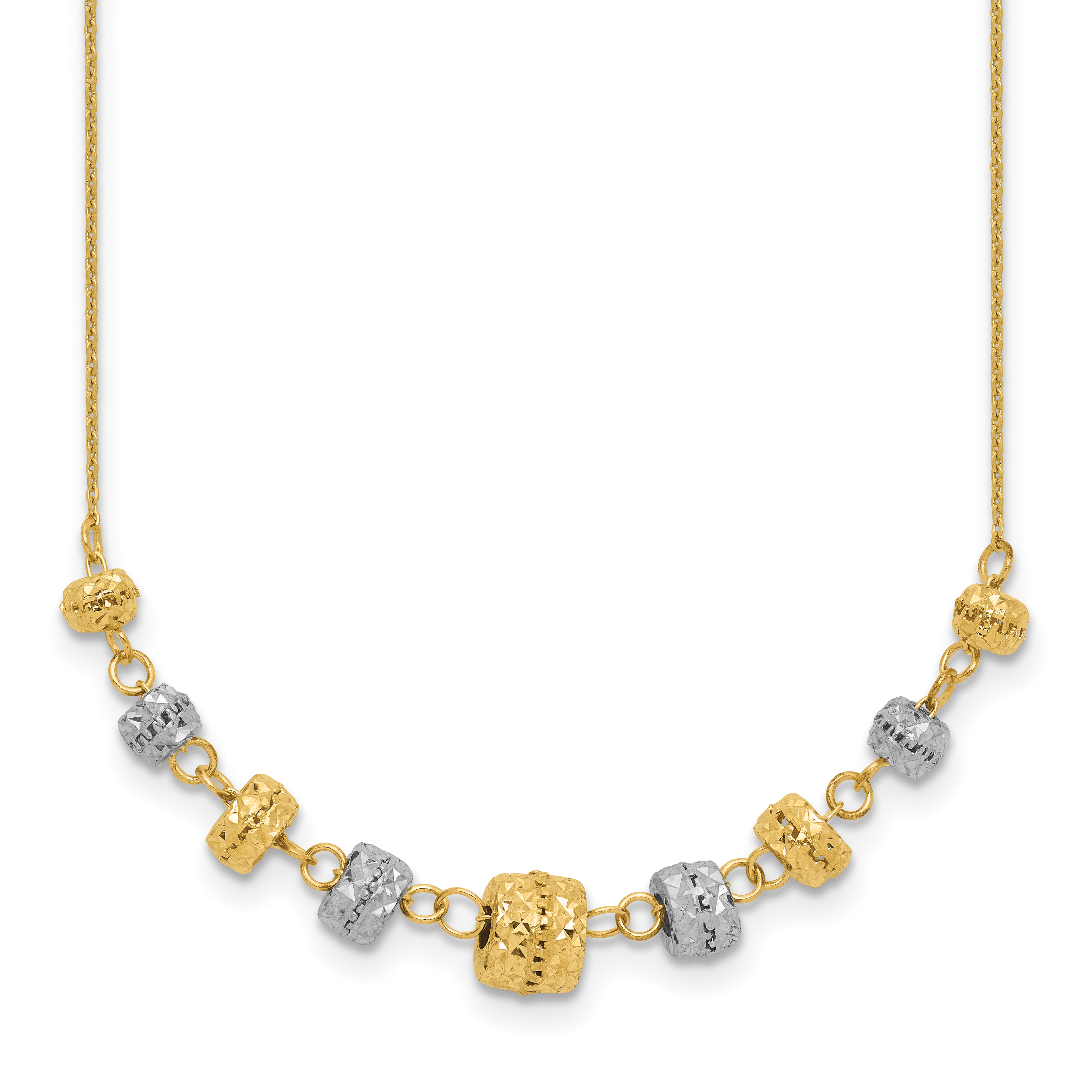 14k Two-tone Polished Diamond-cut Graduated Barrel Beads 18 inch Necklace (SF2436-18)