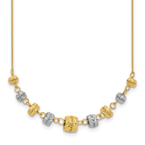 14K Two-tone Polished Diamond-cut Graduated Barrel Beads Necklace, 18"