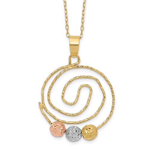 14K Tri-color Diamond-cut Beads on Spiral Pendant Necklace, 18"