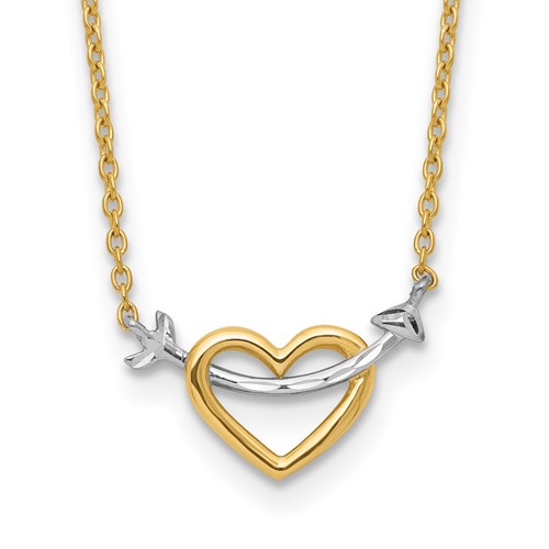 14K Necklace with White Rhodium Diamond-cut Heart and Arrow, 17"