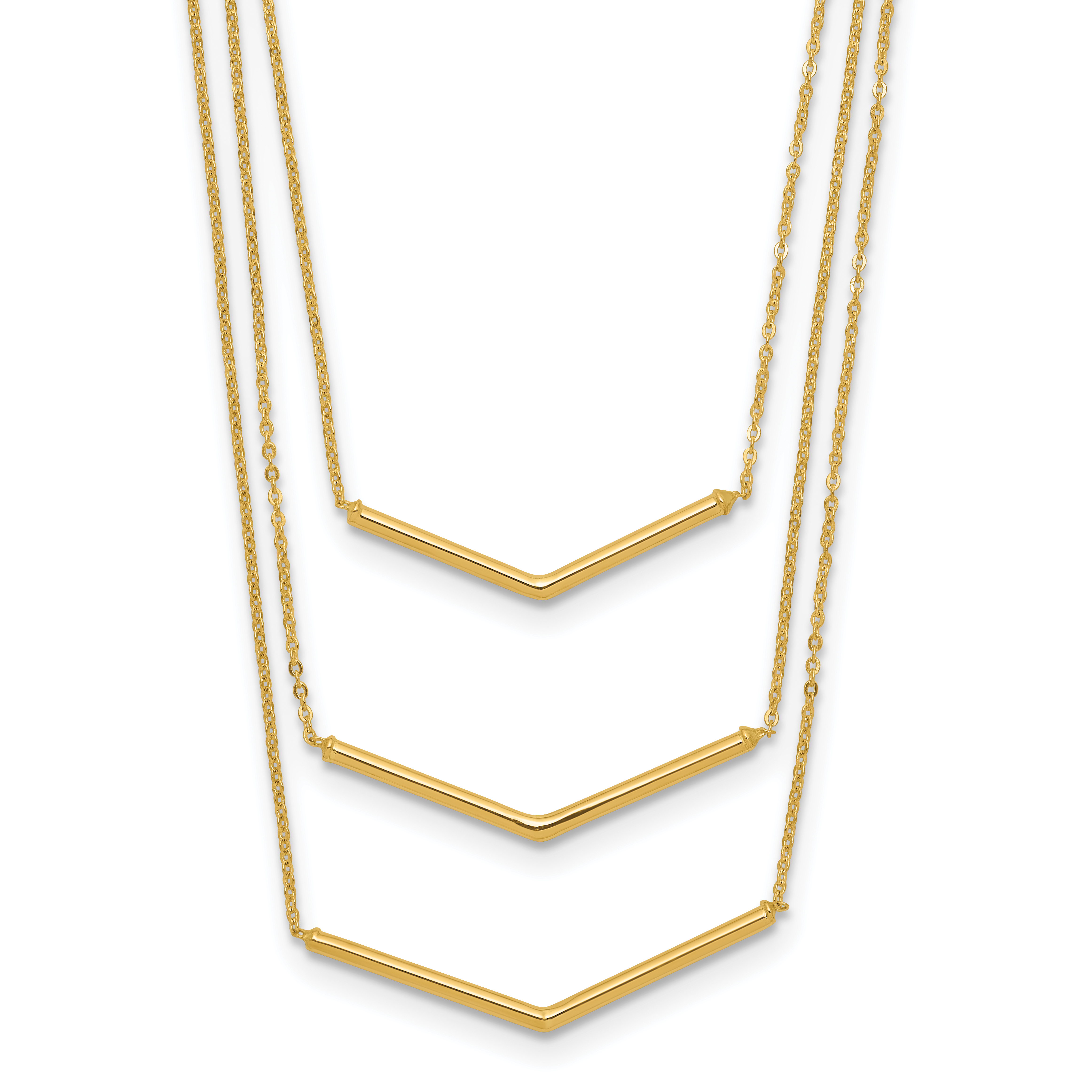 14k Polished Chevron Bar 3-Strand Bib 16 inch Necklace Plus 2 inch Extender (SF2493-16)