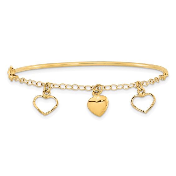 14k Polished Dangle Heart Chain Half Bangle 7 inch Bracelet