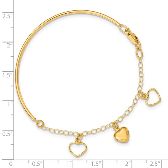 14k Polished Dangle Heart Chain Half Bangle 7 inch Bracelet