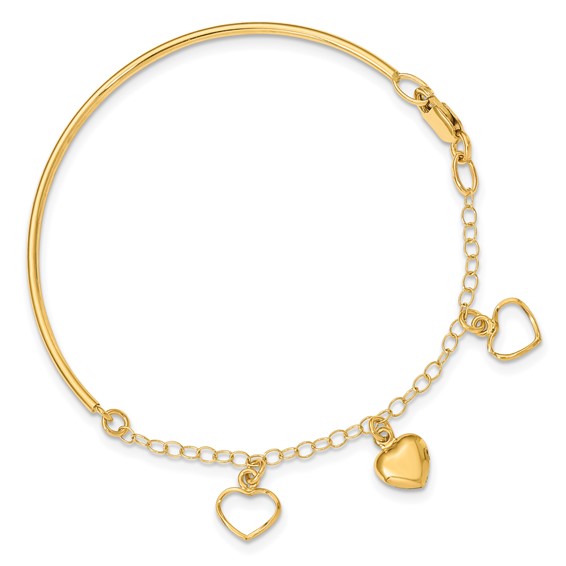 14k Polished Dangle Heart Chain Half Bangle 7 inch Bracelet