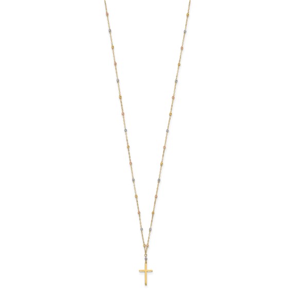 14k Tri-color Diamond-cut Beaded Chain with Polished Cross Pendant 17 inch Necklace