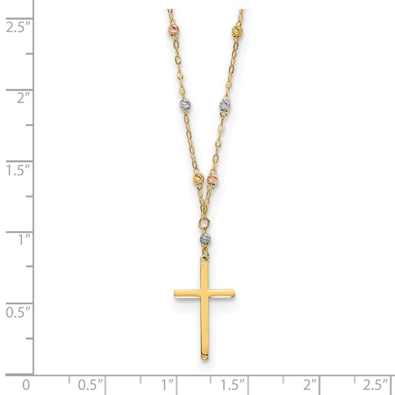 14k Tri-color Diamond-cut Beaded Chain with Polished Cross Pendant 17 inch Necklace
