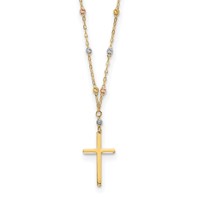 14K Tri-color Diamond-cut Beaded Chain Necklace with Polished Cross Pendant, 17" view 1