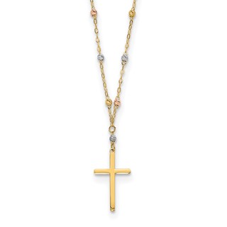 14k Tri-color Diamond-cut Beaded Chain with Polished Cross Pendant 17 inch Necklace
