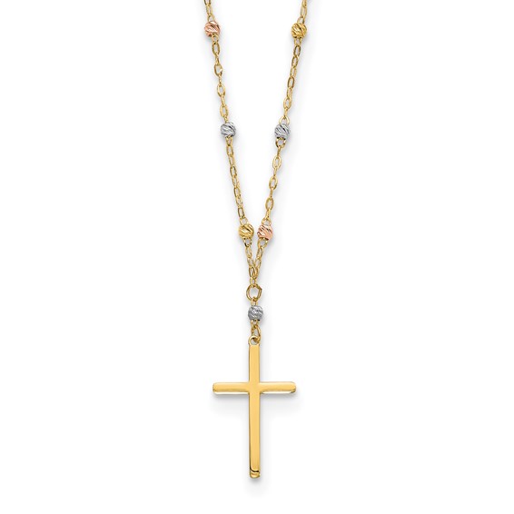 14k Tri-color Diamond-cut Beaded Chain with Polished Cross Pendant 17 inch Necklace