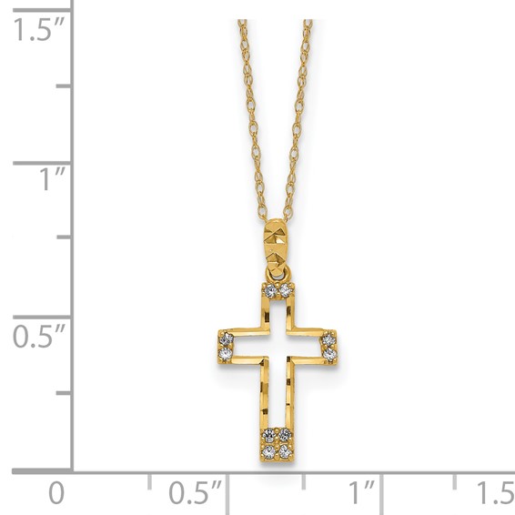 14k Polished Diamond-cut CZ Cross Pendant 16 inch Necklace