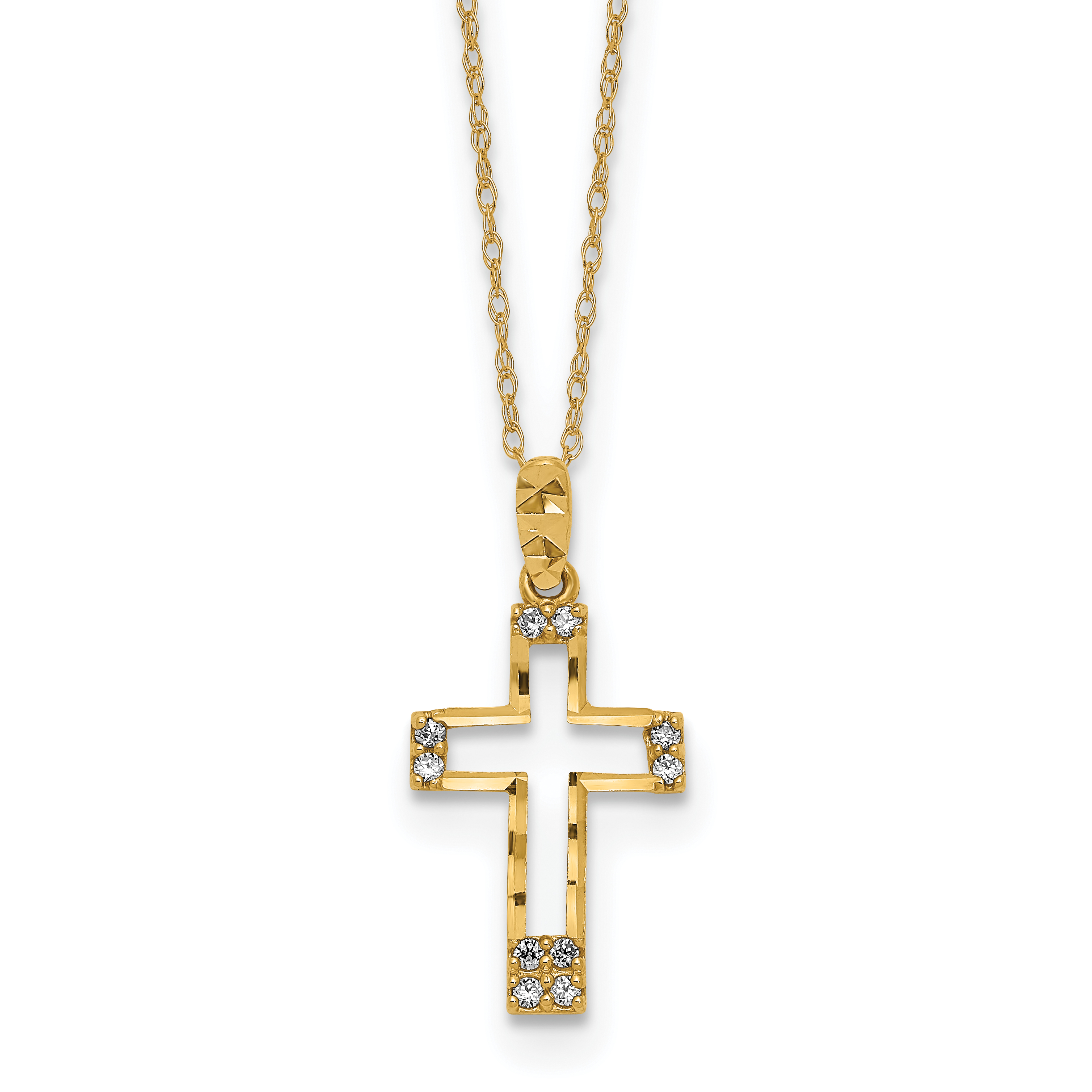 14k Polished Diamond-cut CZ Cross Pendant 16 inch Necklace (SF2502-16)