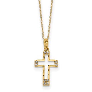 14k Polished Diamond-cut CZ Cross Pendant 16 inch Necklace