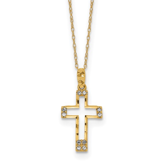 14k Polished Diamond-cut CZ Cross Pendant 16 inch Necklace