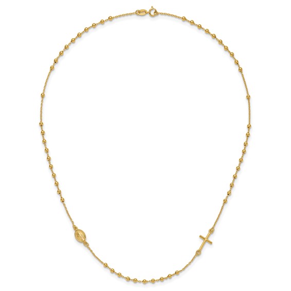 14k Polished Cross and Miraculous Medal Beaded Rosary Design 16 inch Necklace