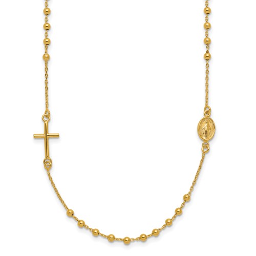 14K Yellow Gold Polished Cross and Miraculous Medal Beaded Rosary Design Necklace - 16in
