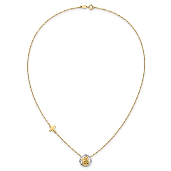 14k and White Rhodium Diamond-cut Angel and Cross 17 inch Necklace