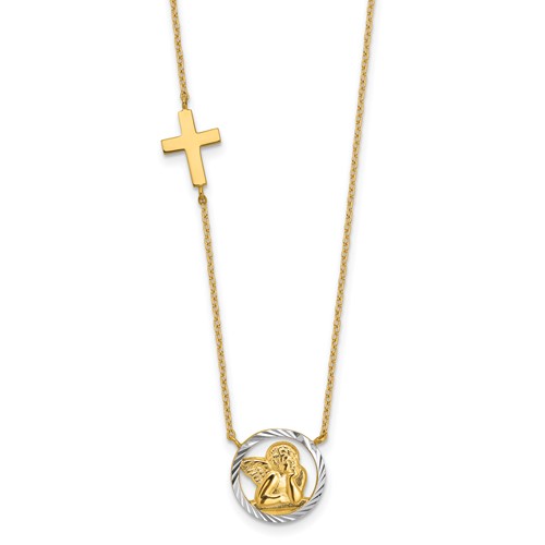 14K and White Rhodium Diamond-cut Angel and Cross Necklace, 17"