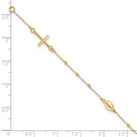 14K Yellow Gold Polished Cross and Miraculous Medal Beaded Rosary Bracelet, 7.5" view 3