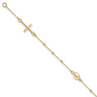 14K Yellow Gold Polished Cross and Miraculous Medal Beaded Rosary Bracelet, 7.5" view 1