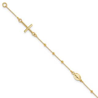 14k Polished Cross and Miraculous Medal Beaded 7.5 inch Rosary Bracelet