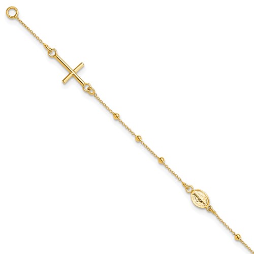 14K Yellow Gold Polished Cross and Miraculous Medal Beaded Rosary Bracelet, 7.5"