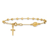 14K Yellow Gold Polished Cross and Miraculous Medal Bracelet with Diamond-cut Beads with 0.75 Inch Extender Rosary, 6" view 3