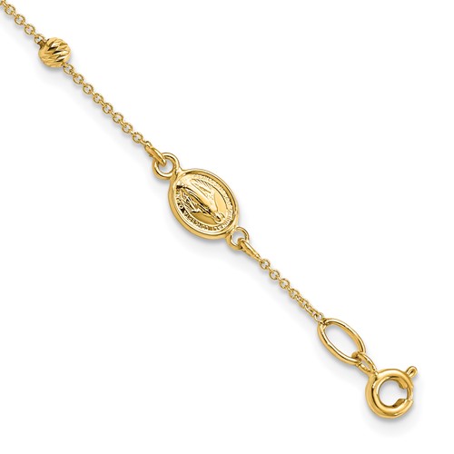 14K Yellow Gold Polished Cross and Miraculous Medal Bracelet with Diamond-cut Beads with 0.75 Inch Extender Rosary, 6"