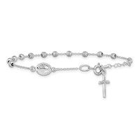 14K White Gold Polished Cross and Miraculous Medal Bracelet with Diamond-cut Beads with 0.75 Inch Extender Rosary, 6" view 3