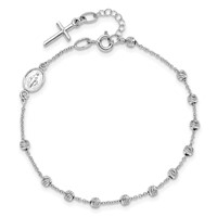 14K White Gold Polished Cross and Miraculous Medal Bracelet with Diamond-cut Beads with 0.75 Inch Extender Rosary, 6" view 5