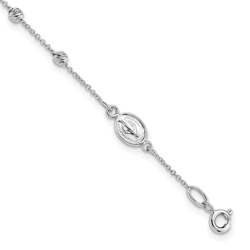 14K White Gold Polished Cross and Miraculous Medal Bracelet with Diamond-cut Beads with 0.75 Inch Extender Rosary, 6"