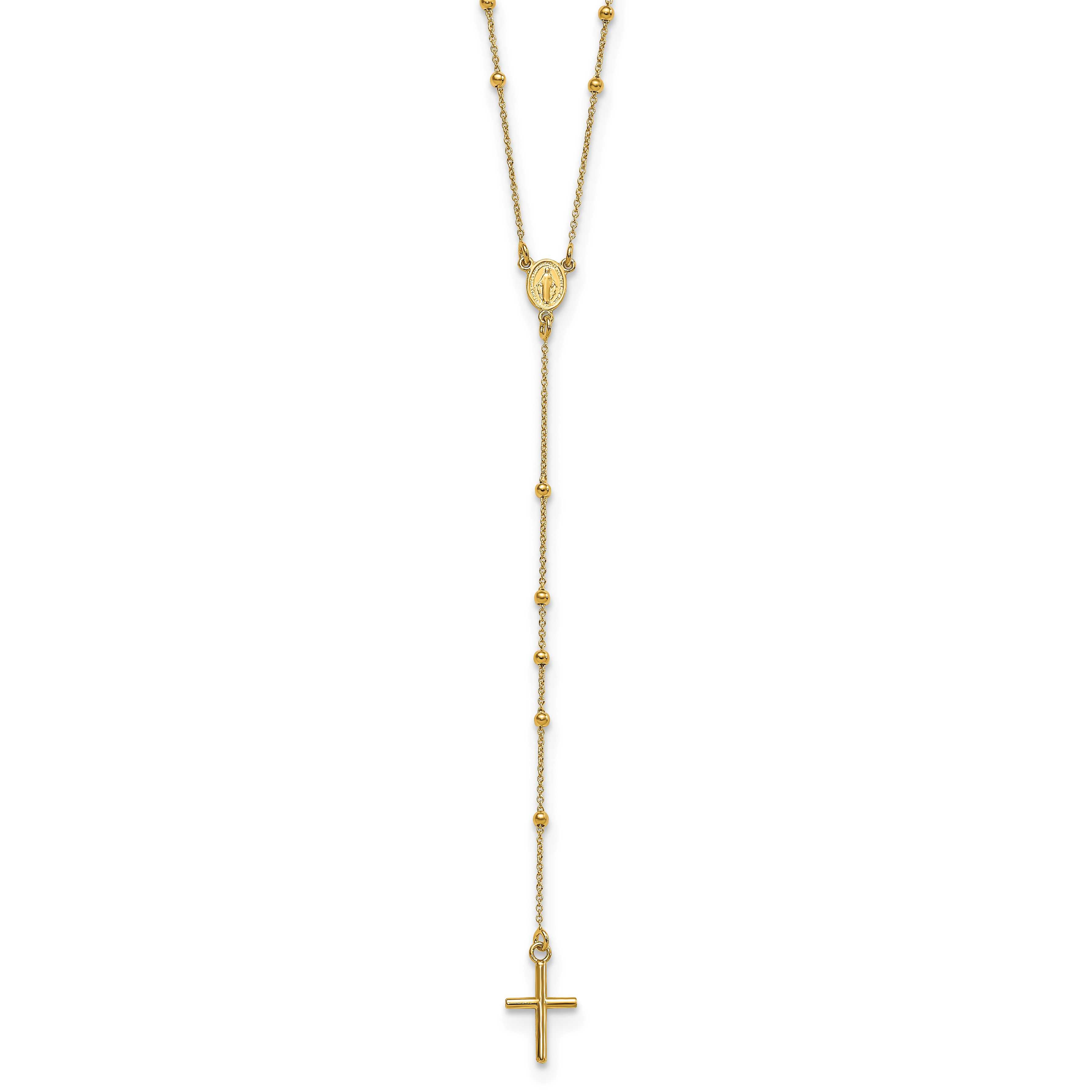 14k Polished Cross and Miraculous Medal Beaded 24 inch Rosary Necklace (SF2512-24)