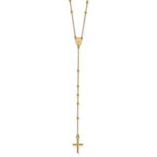14k Polished Cross and Miraculous Medal Beaded 24 inch Rosary Necklace
