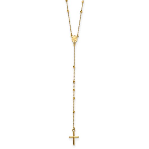 14K Yellow Gold Polished Cross and Miraculous Medal Beaded Rosary Necklace, 24"