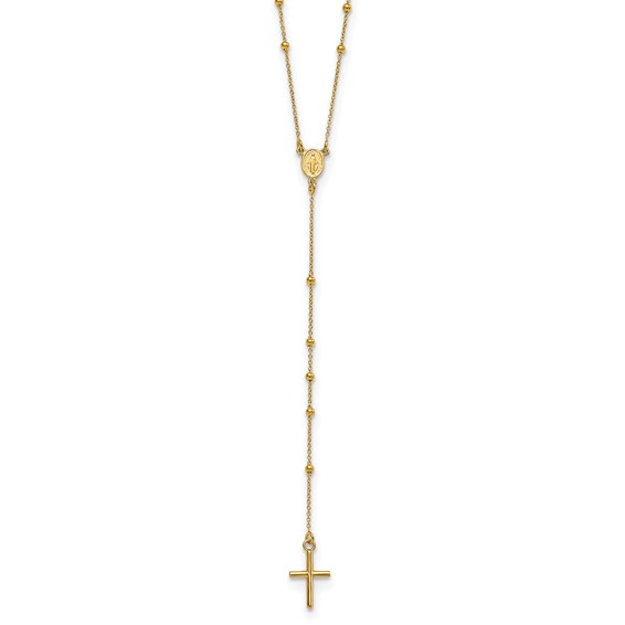 14k Polished Cross and Miraculous Medal Beaded 24 inch Rosary Necklace