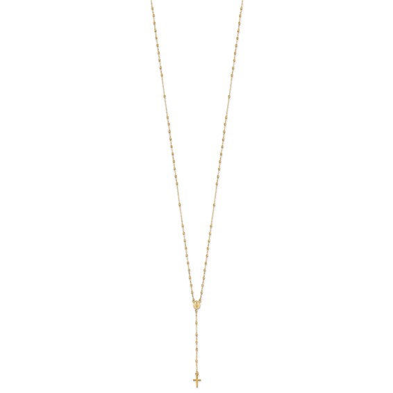 14k Polished Cross and Miraculous Medal with Diamond-cut Beads 17 inch Rosary Necklace Plus 3 inch Extender