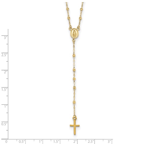 14k Polished Cross and Miraculous Medal with Diamond-cut Beads 17 inch Rosary Necklace Plus 3 inch Extender