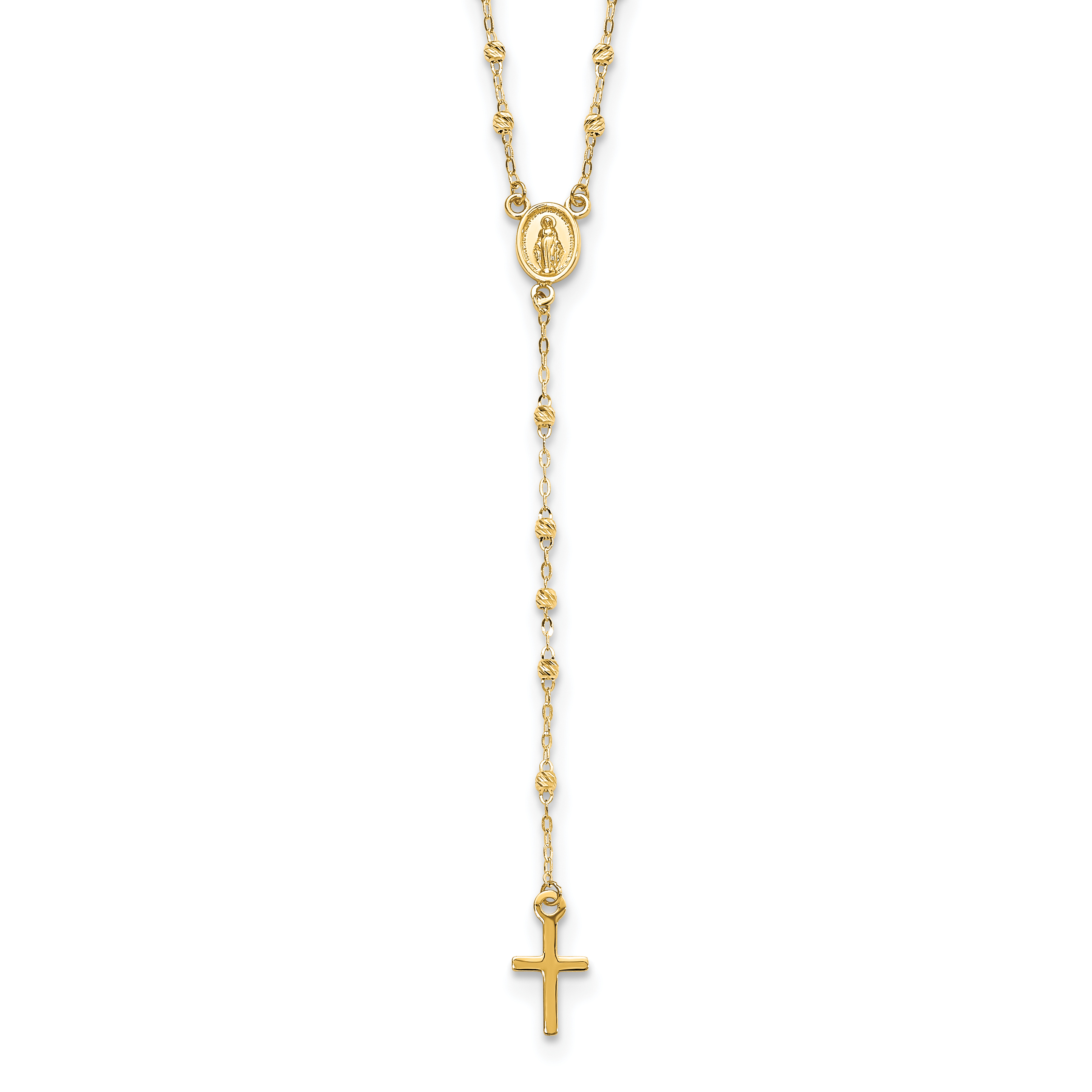 14k Polished Cross and Miraculous Medal with Diamond-cut Beads 17 inch Rosary Necklace Plus 3 inch Extender (SF2513-17)