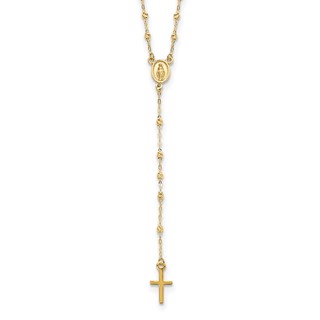14k Polished Cross and Miraculous Medal with Diamond-cut Beads 17 inch Rosary Necklace Plus 3 inch Extender