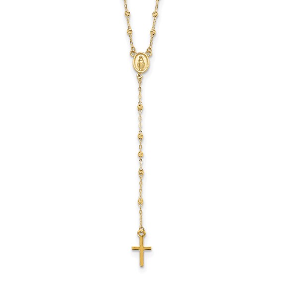 14k Polished Cross and Miraculous Medal with Diamond-cut Beads 17 inch Rosary Necklace Plus 3 inch Extender