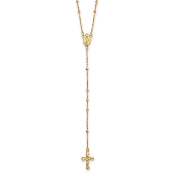 14k Polished Crucifix and Miraculous Medal 2mm Beaded 19.5 inch Rosary Necklace