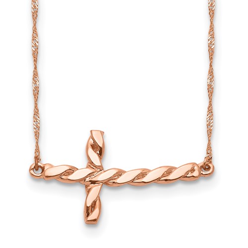 14K Rose Gold Polished Twisted Sideways Cross Necklace, 17"
