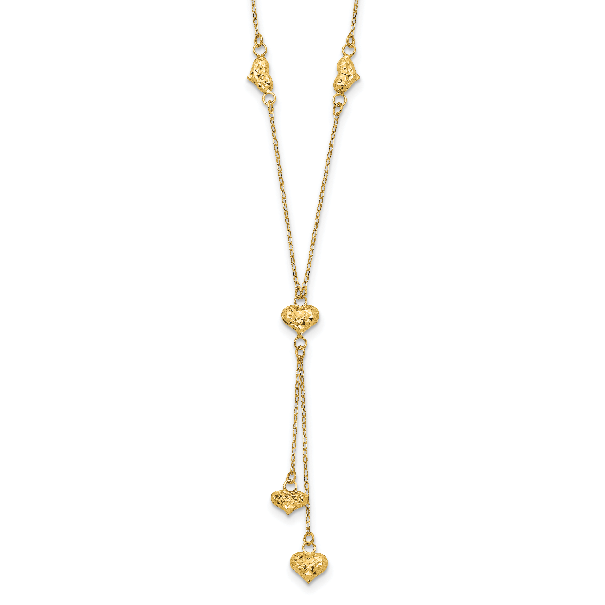 14k Polished Diamond-cut Puffed Hearts 16 inch Lariat Necklace Plus 2 inch Extender (SF2522-16)