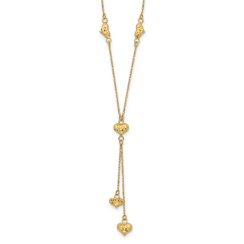14K Yellow Gold Polished Diamond-cut Puffed Hearts Lariat Necklace Plus 2 Inch Extender, 16"