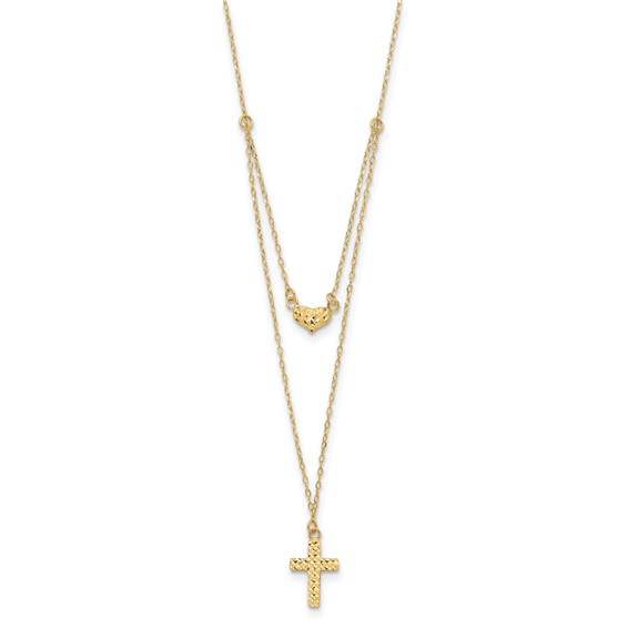14k Polished 2-Strand Diamond-cut Cross and Heart 16 inch Necklace Plus 2 inch Extender