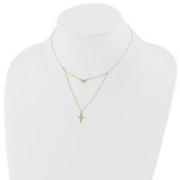14K Yellow Gold Polished 2-Strand Diamond-cut Cross and Heart Necklace Plus 2 Inch Extender, 16" view 4