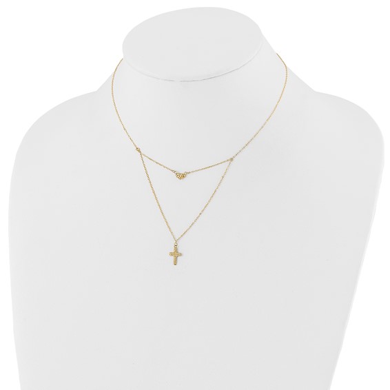 14k Polished 2-Strand Diamond-cut Cross and Heart 16 inch Necklace Plus 2 inch Extender