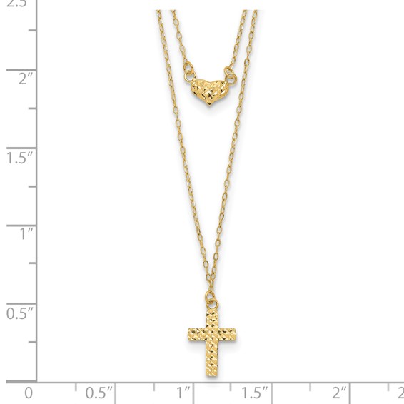 14k Polished 2-Strand Diamond-cut Cross and Heart 16 inch Necklace Plus 2 inch Extender