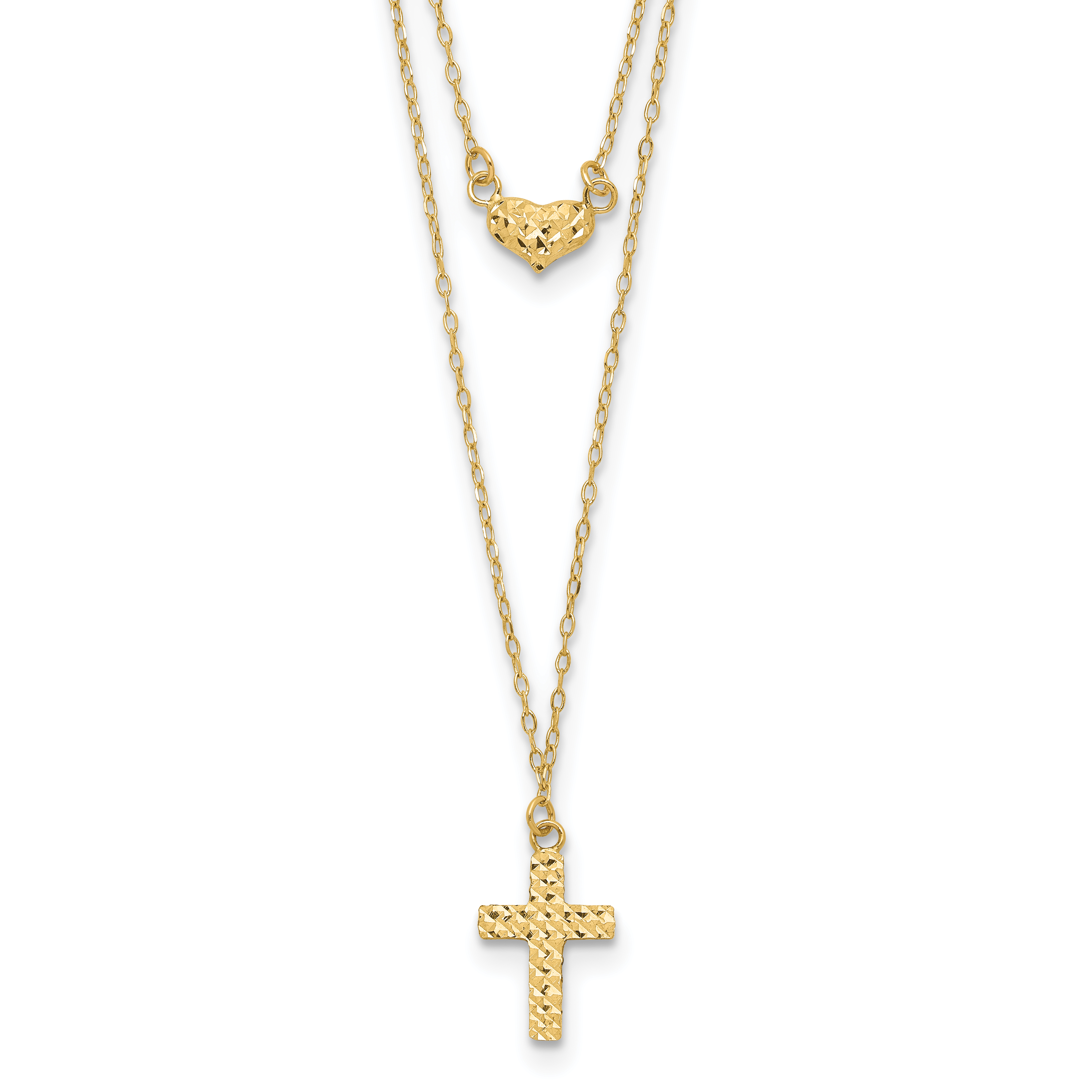 14k Polished 2-Strand Diamond-cut Cross and Heart 16 inch Necklace Plus 2 inch Extender (SF2524-16)